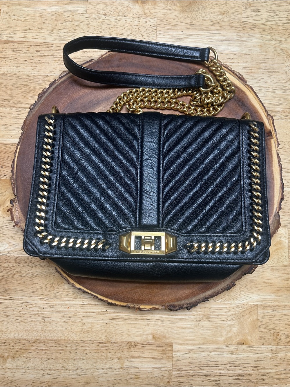 Rebecca Minkoff Black Quilted Shoulder Bag with Gold Chain Trim